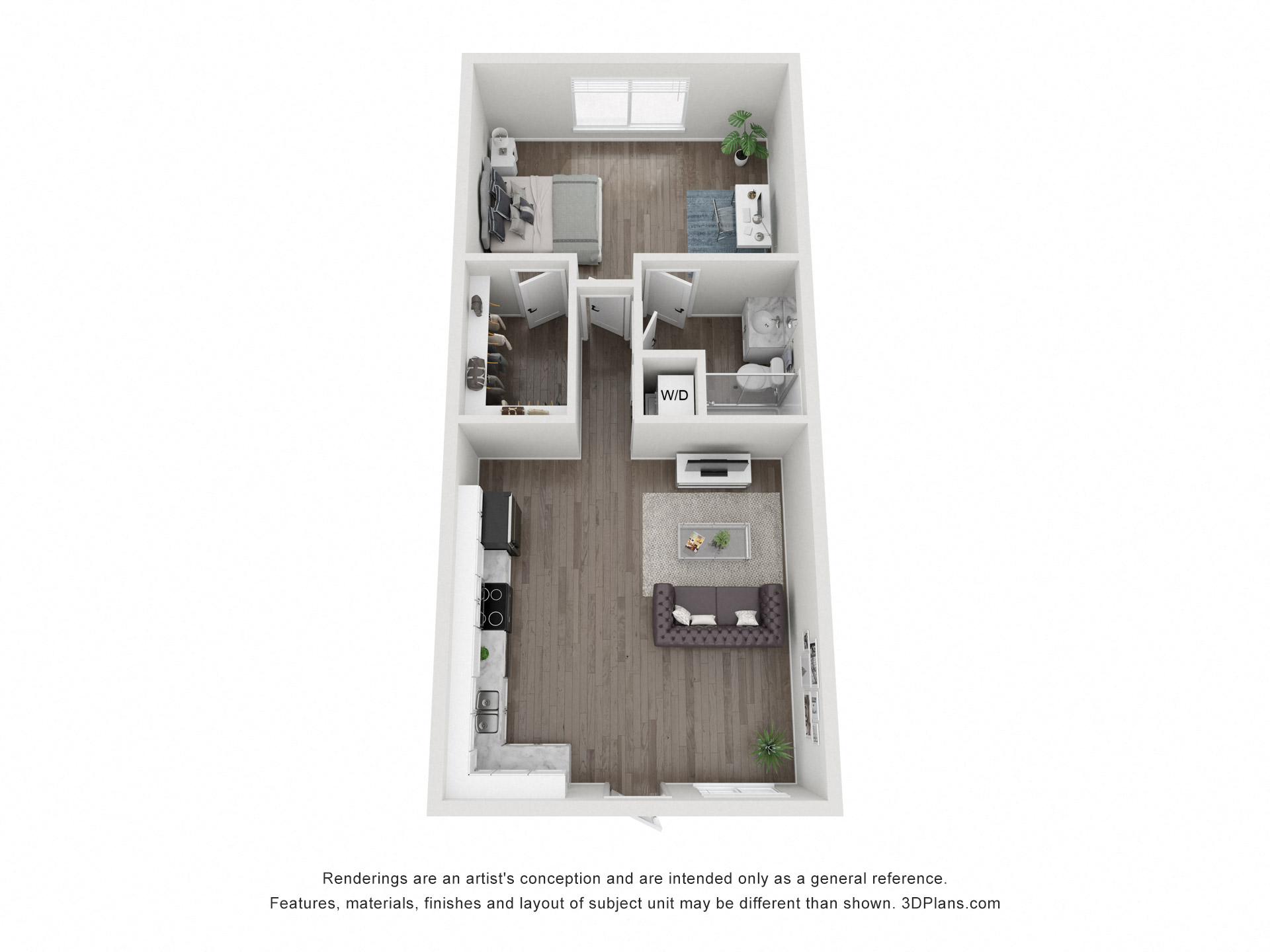 Floor plan for 1 bed, 1 bath, 667 sqft